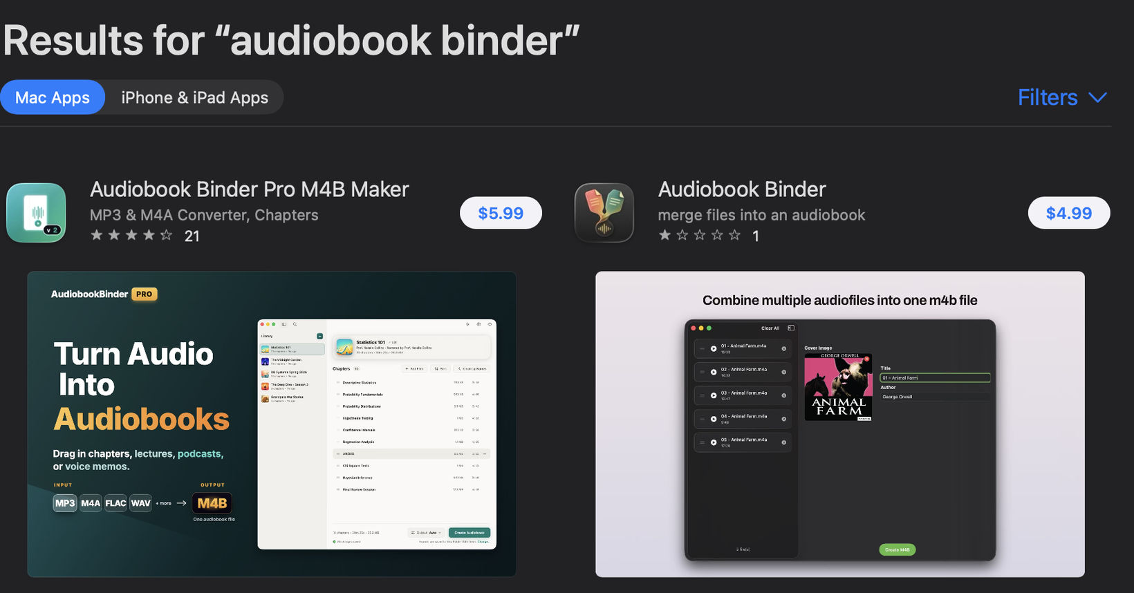 Mac App Store search results for audiobook binder, August 2026: two unrelated paid apps sold under the name
