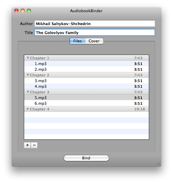 The original Audiobook Binder main window: author and title fields, a chapter list, and a Bind button