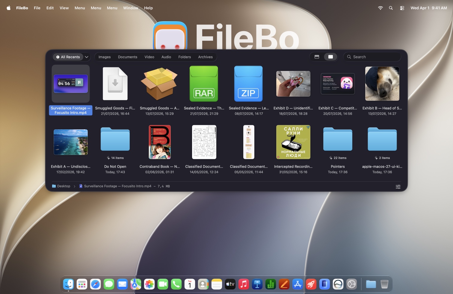 The FileBo pop-up panel over the same desktop