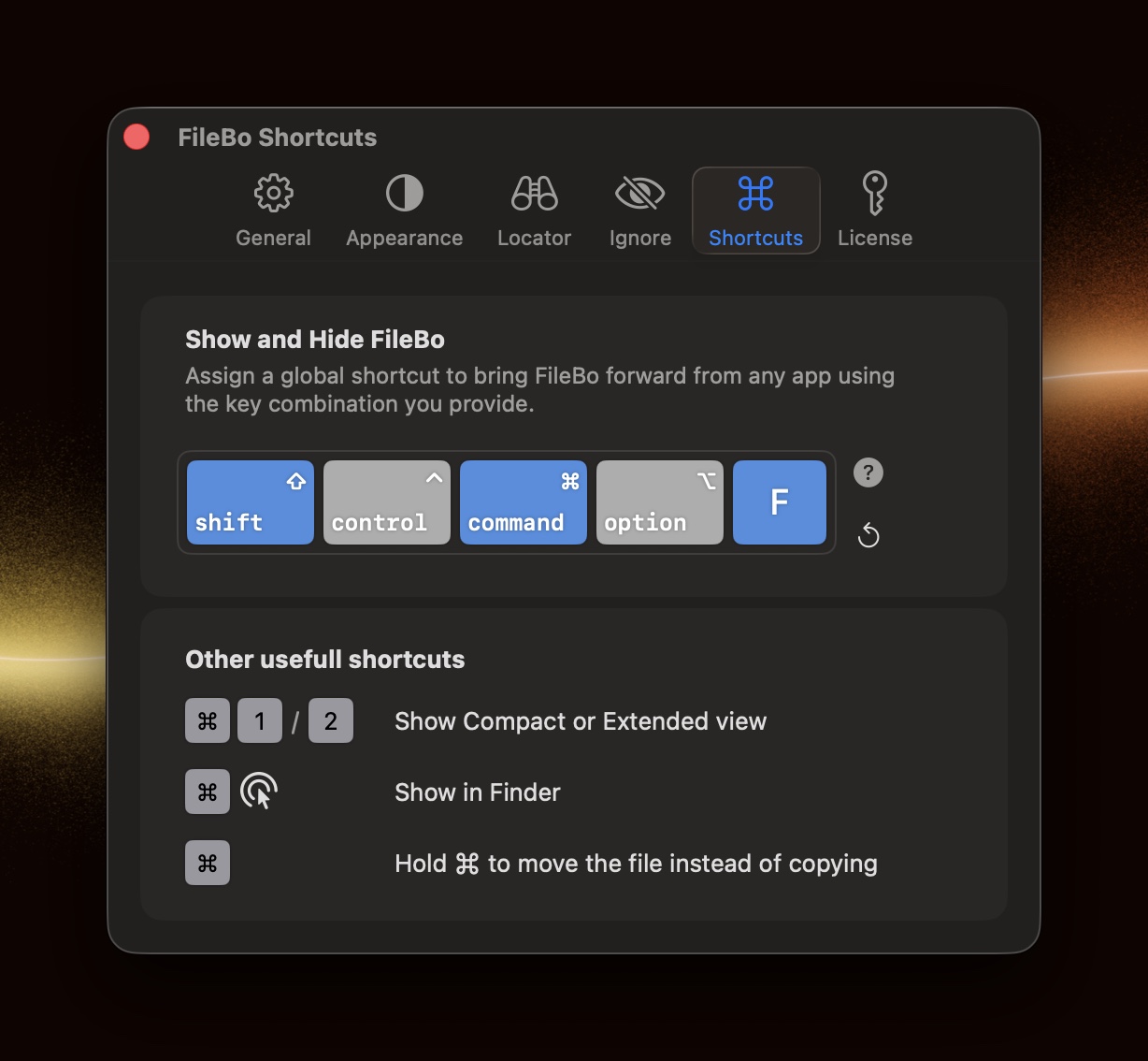 FileBo's Shortcuts settings pane with the global Show and Hide shortcut
