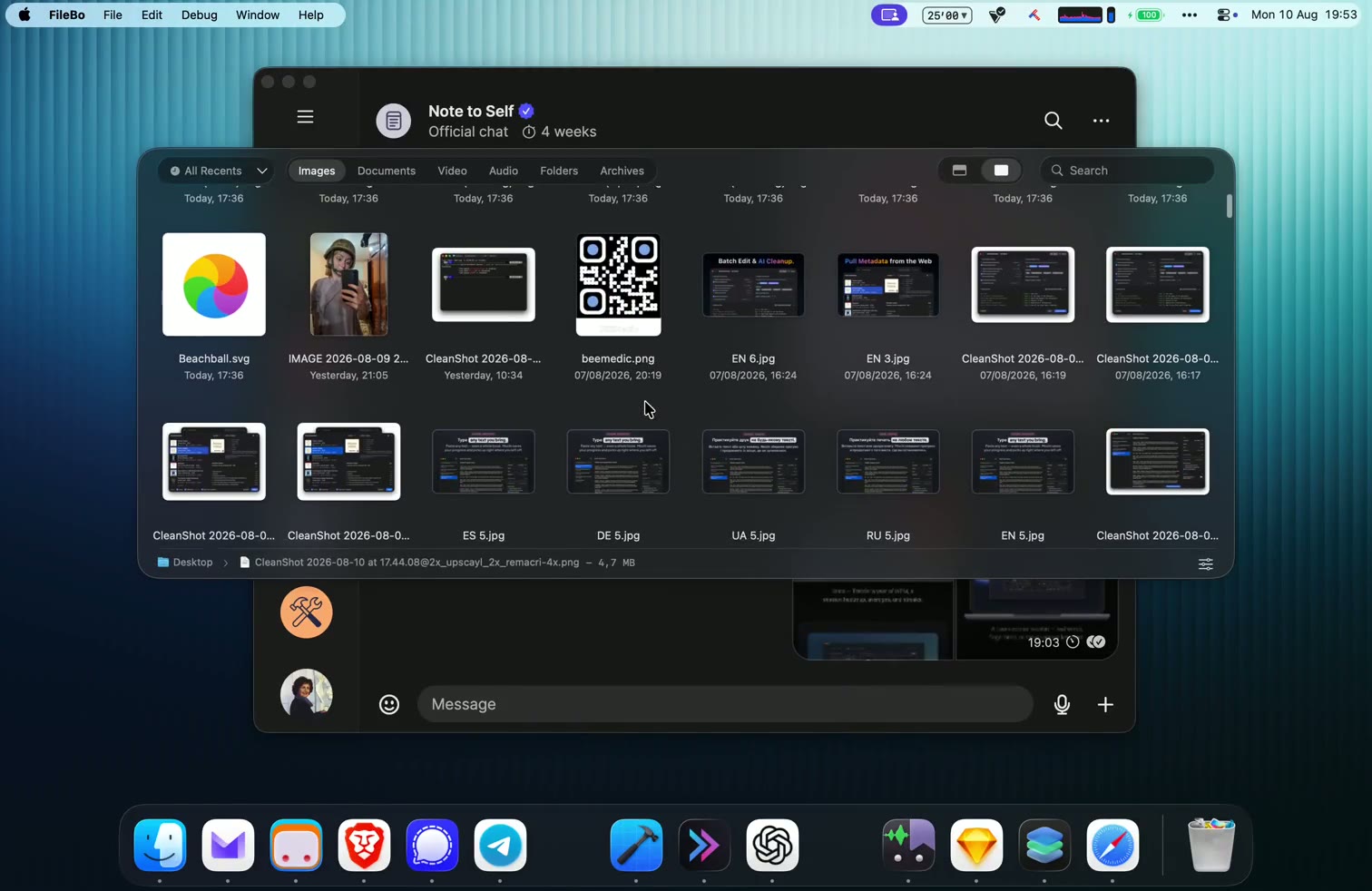 The FileBo shelf open over a chat window on a Mac desktop