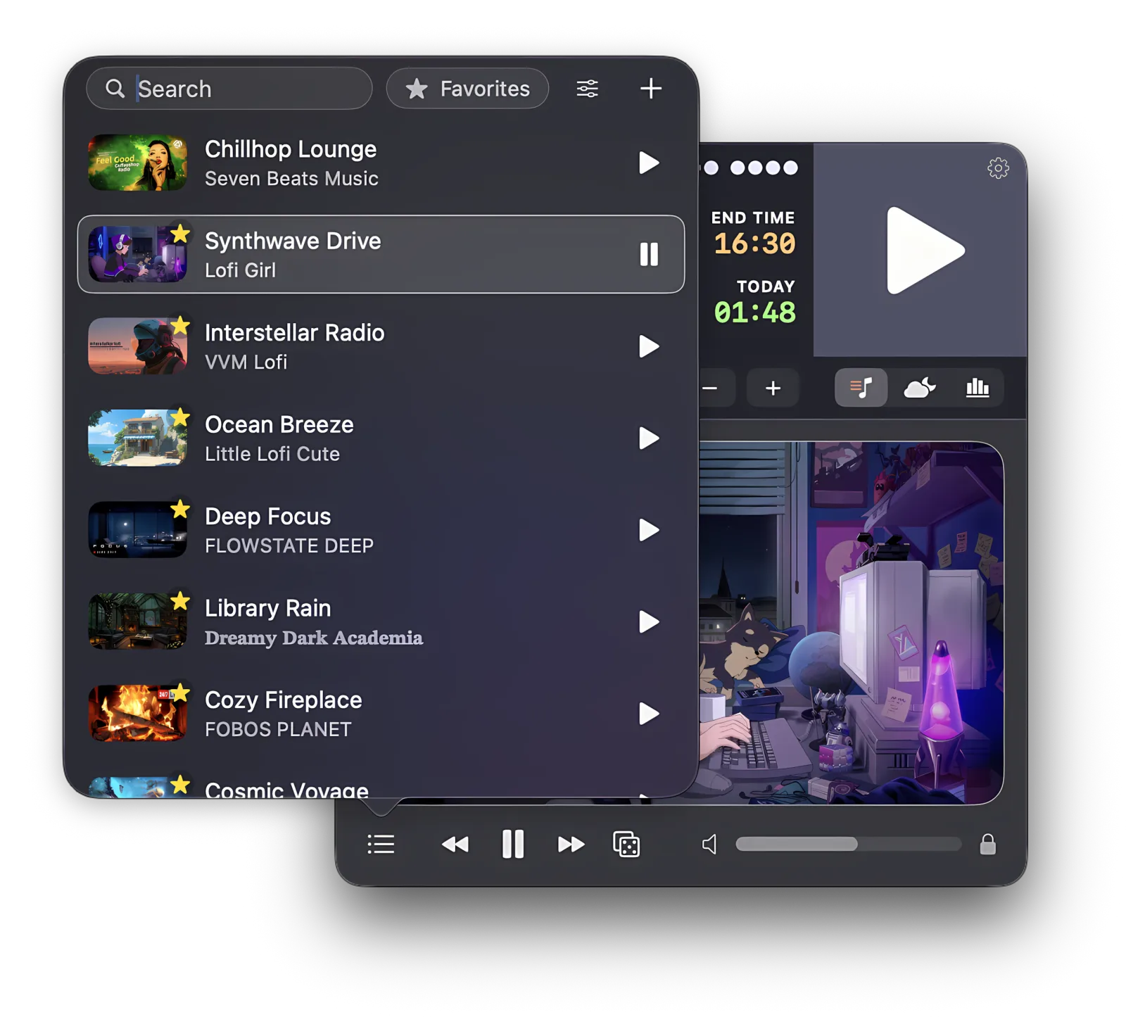 Focusito's LoFi playlist with starred stations, open over the timer window