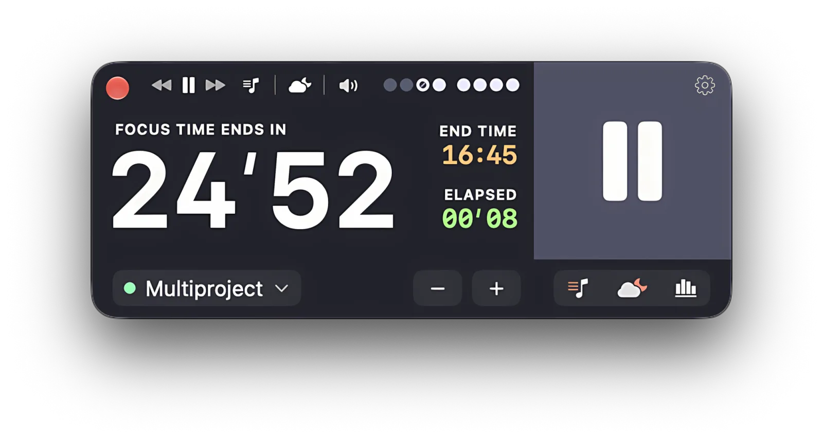 Focusito's compact window counting down a focus session