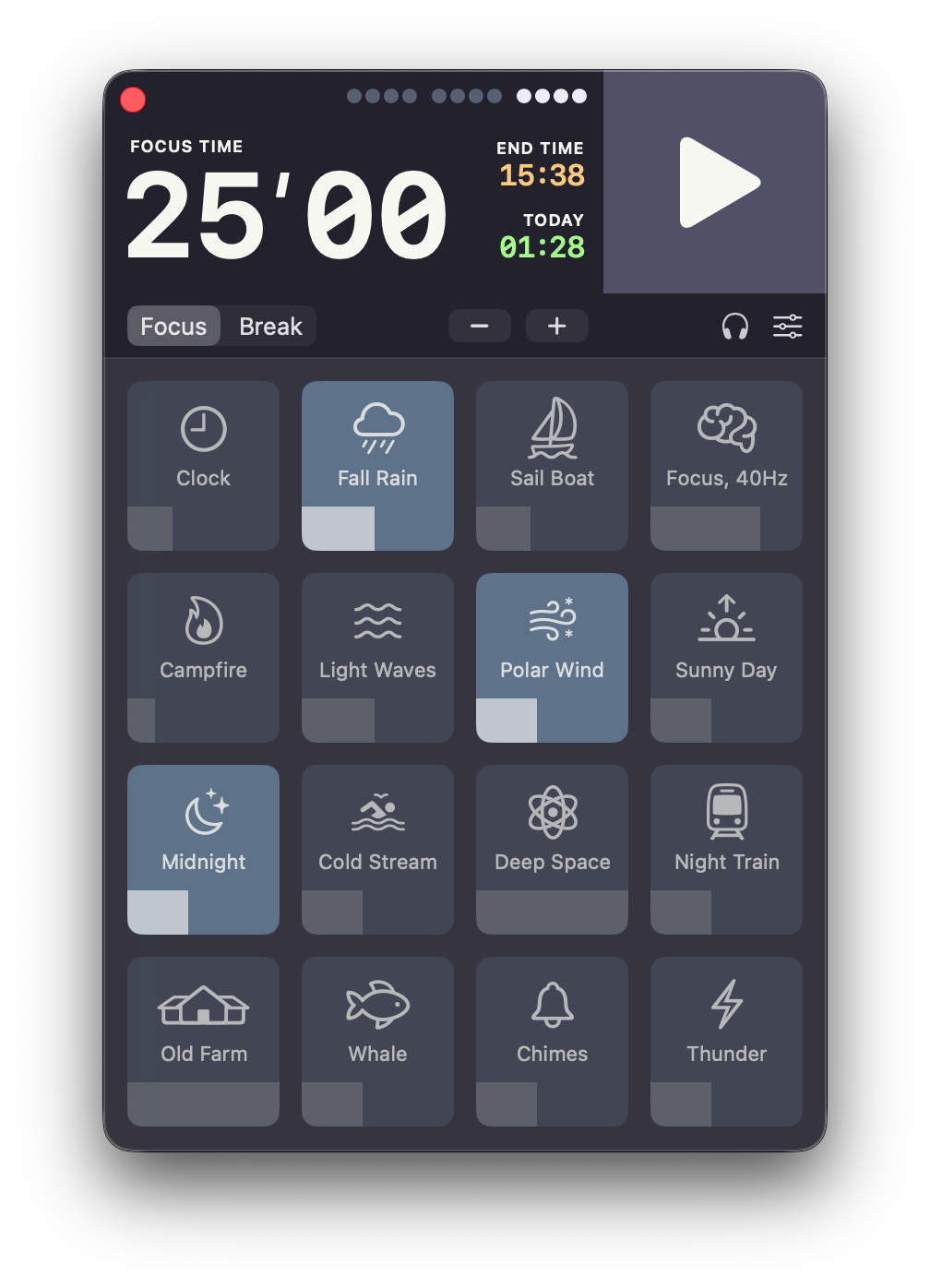 Focusito ambient sounds selection