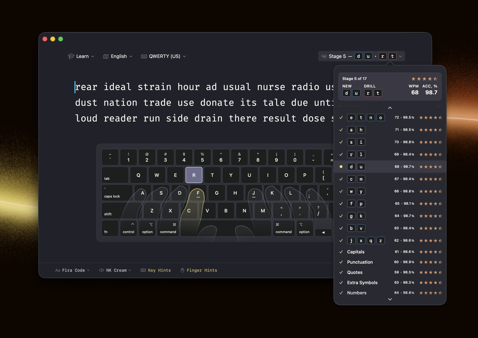 The course dropdown — WPM, accuracy and stars for every stage